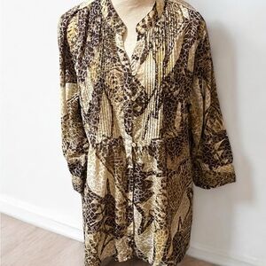 Coldwater Creek Cream and Brown Boxy Tunic with Mandarin Collar
